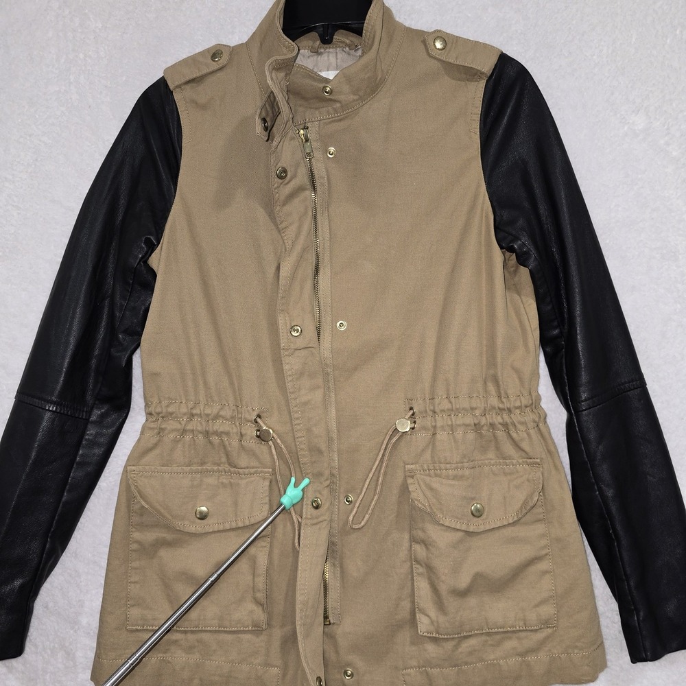 H&M Utility Jacket Faux Leather Sleeves Full Zip Workwear Pockets Polyester Sz 6 - Picture 3 of 14
